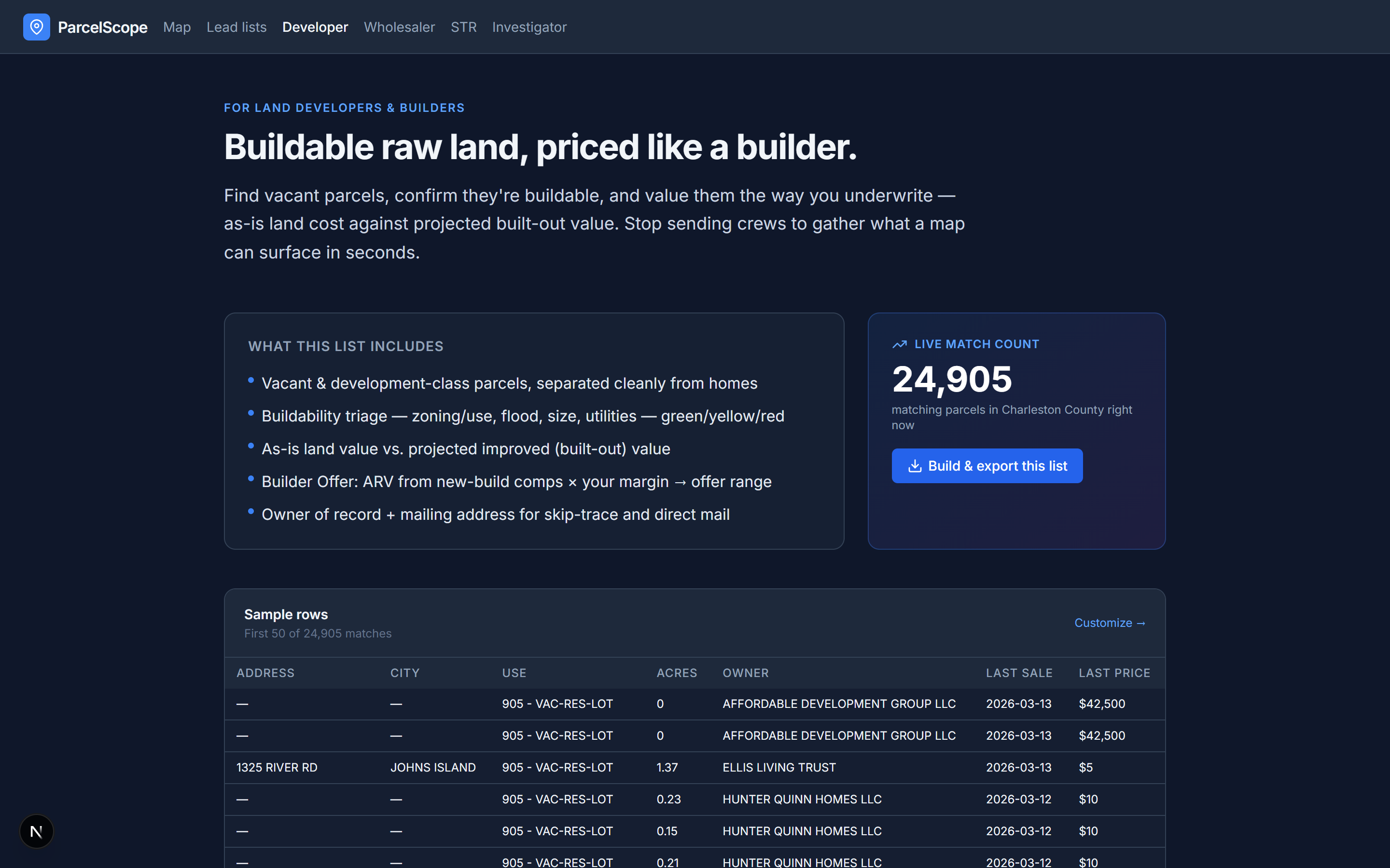 ParcelScope land-developer view — buildable raw land with as-is vs. built-out value and a live match count