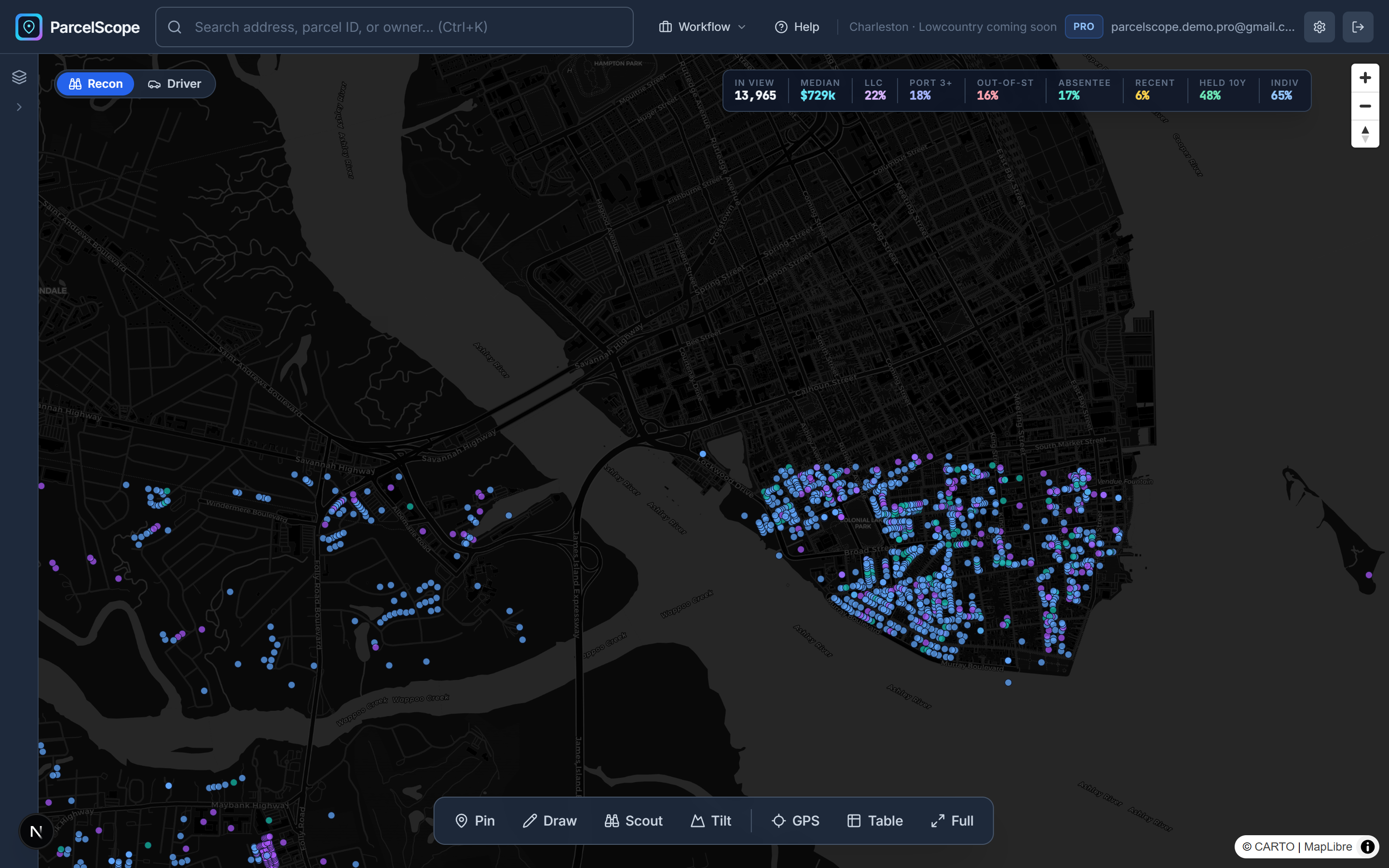 ParcelScope — thousands of live Charleston parcels with owner, value, and deal signals on one map